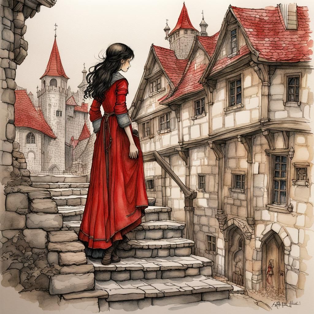 Medieval Girl on Stairs Illustration in Watercolor and Ink