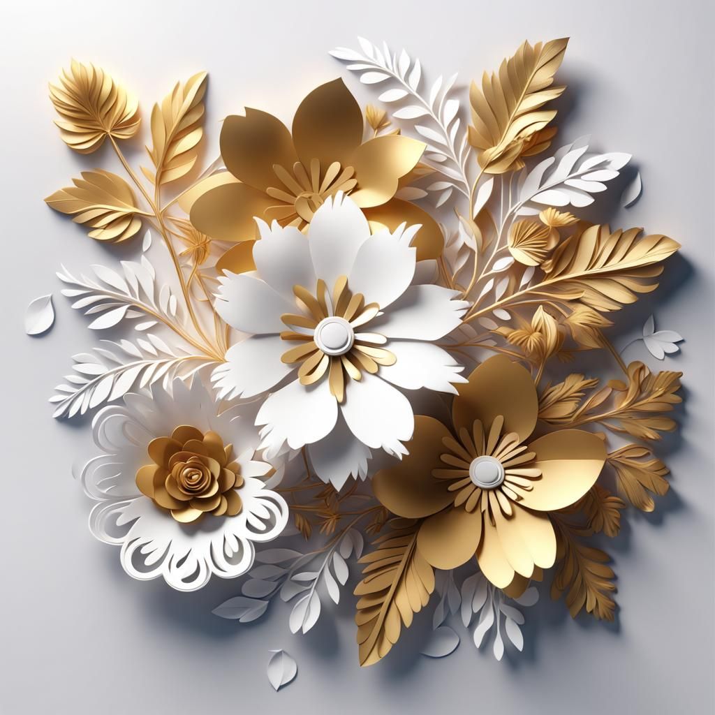 3D Papercut Flowers and Leaves in Gold