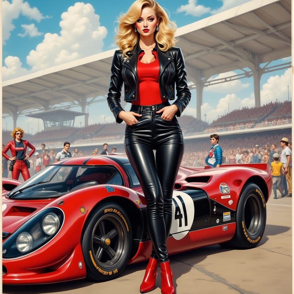 Kara Zor-El Beside a Porsche 917LH, Hand-Drawn Illustration