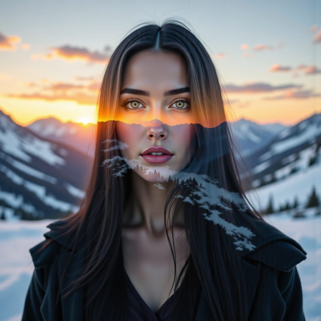 Woman's Portrait Merged with Snowy Mountain Sunset
