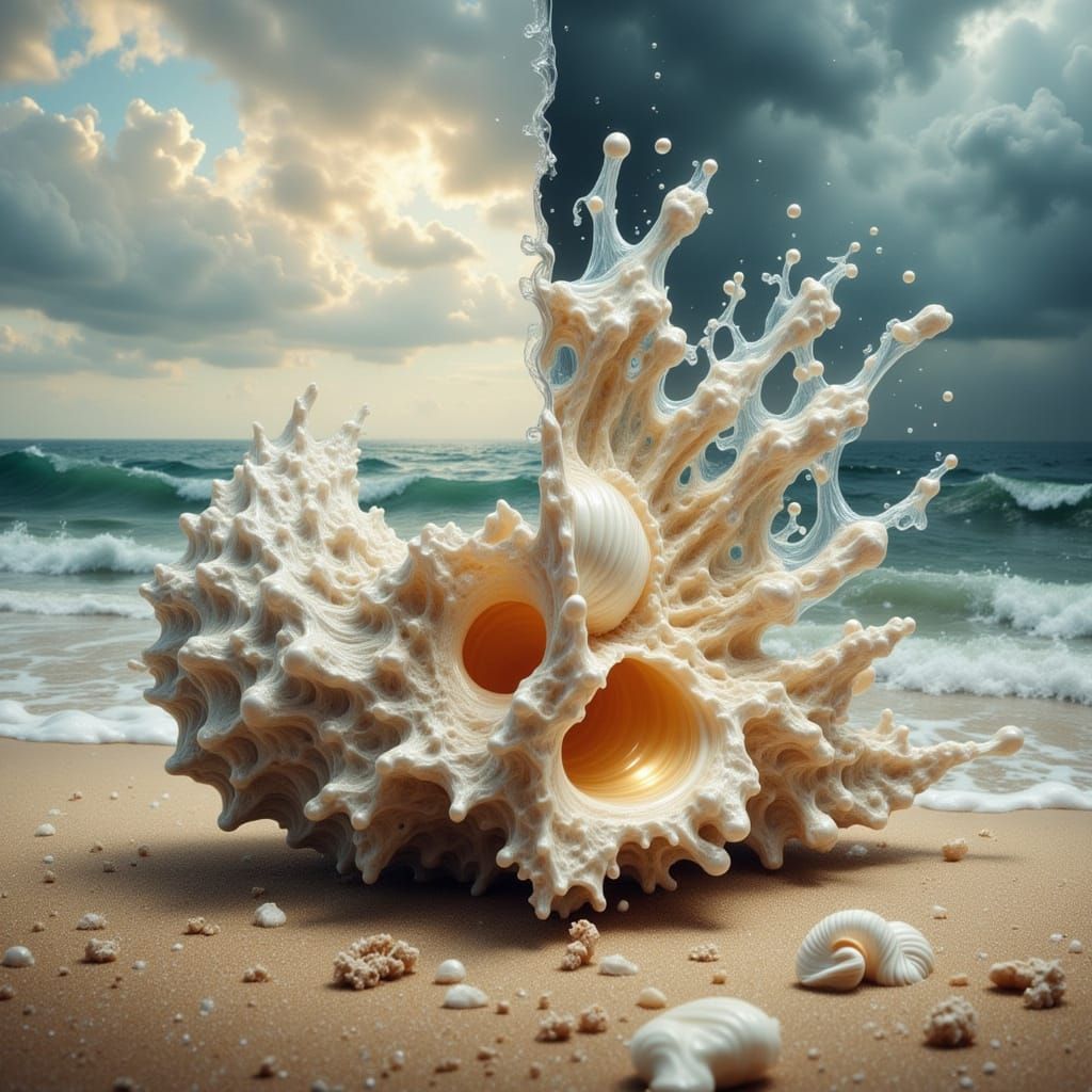 Weathered Conch Shell on Divided Beach in Dreamlike Style