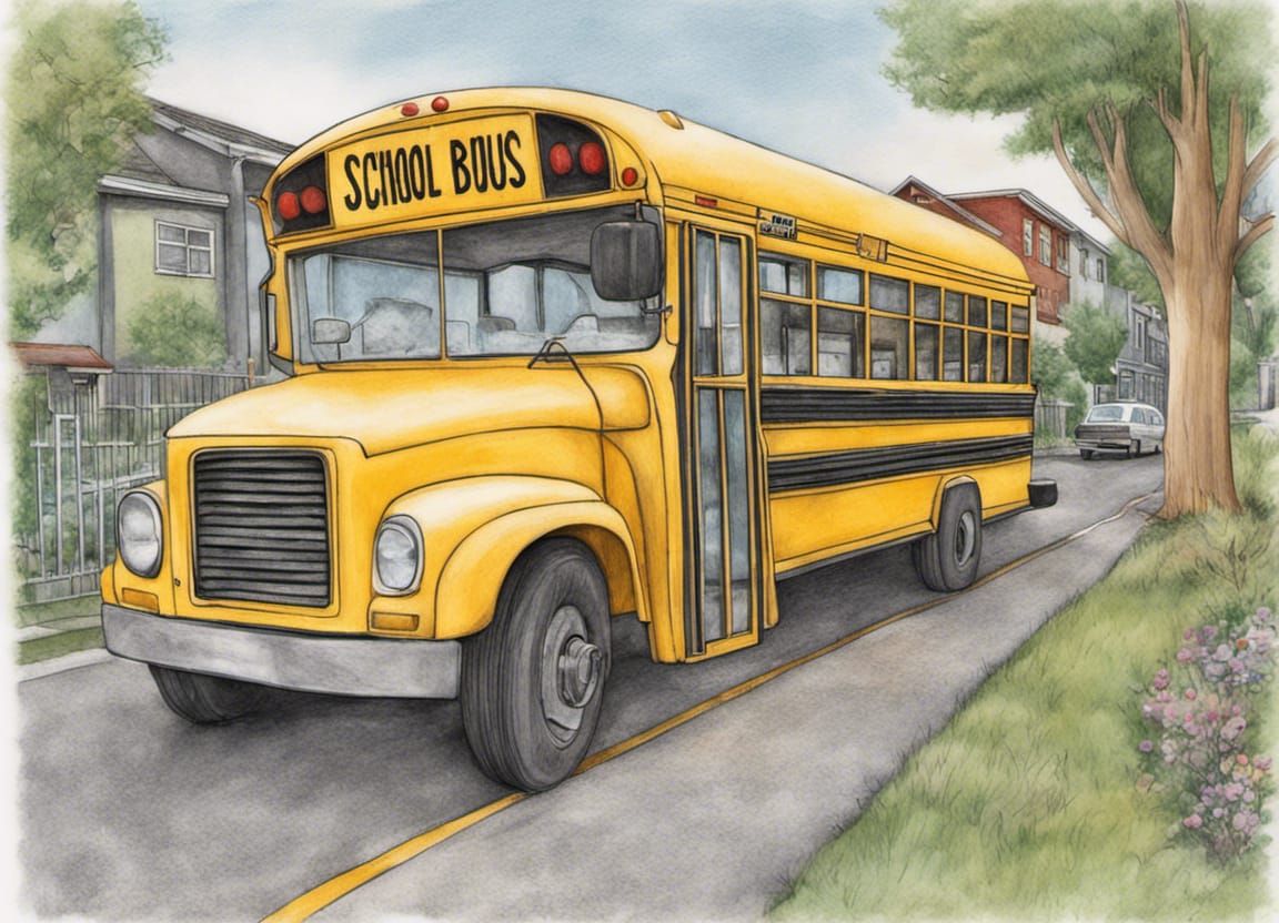 School Bus in Quiet Neighbourhood: Pencil Art