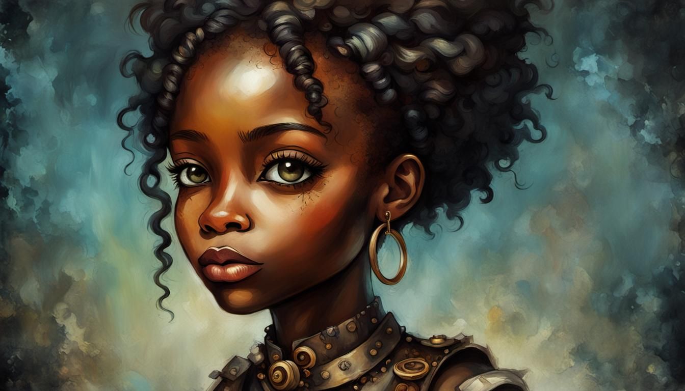 Steampunk Portrait of Black Chibi Girl in Oil Paint