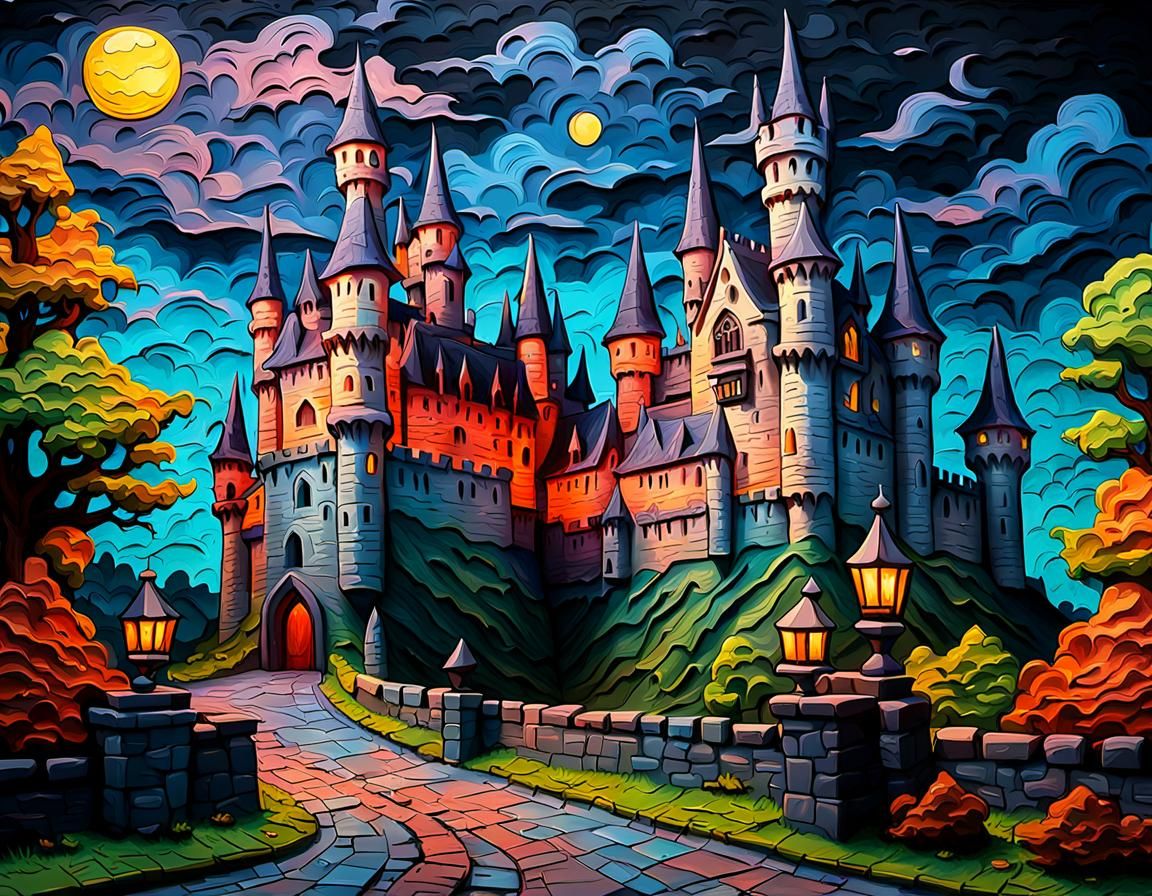 Gothic Castle Sculpture in Impasto Street Art Style