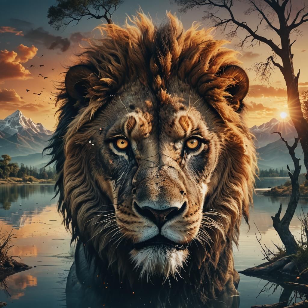 Lion Double Exposure: Island Landscape in its Eyes