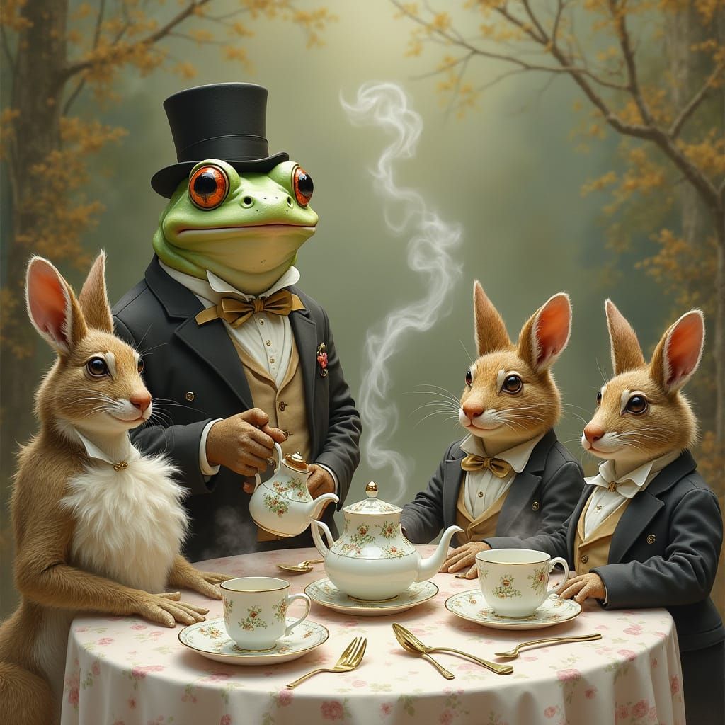 Frog's Whimsical Tea Party in Beatrix Potter Style