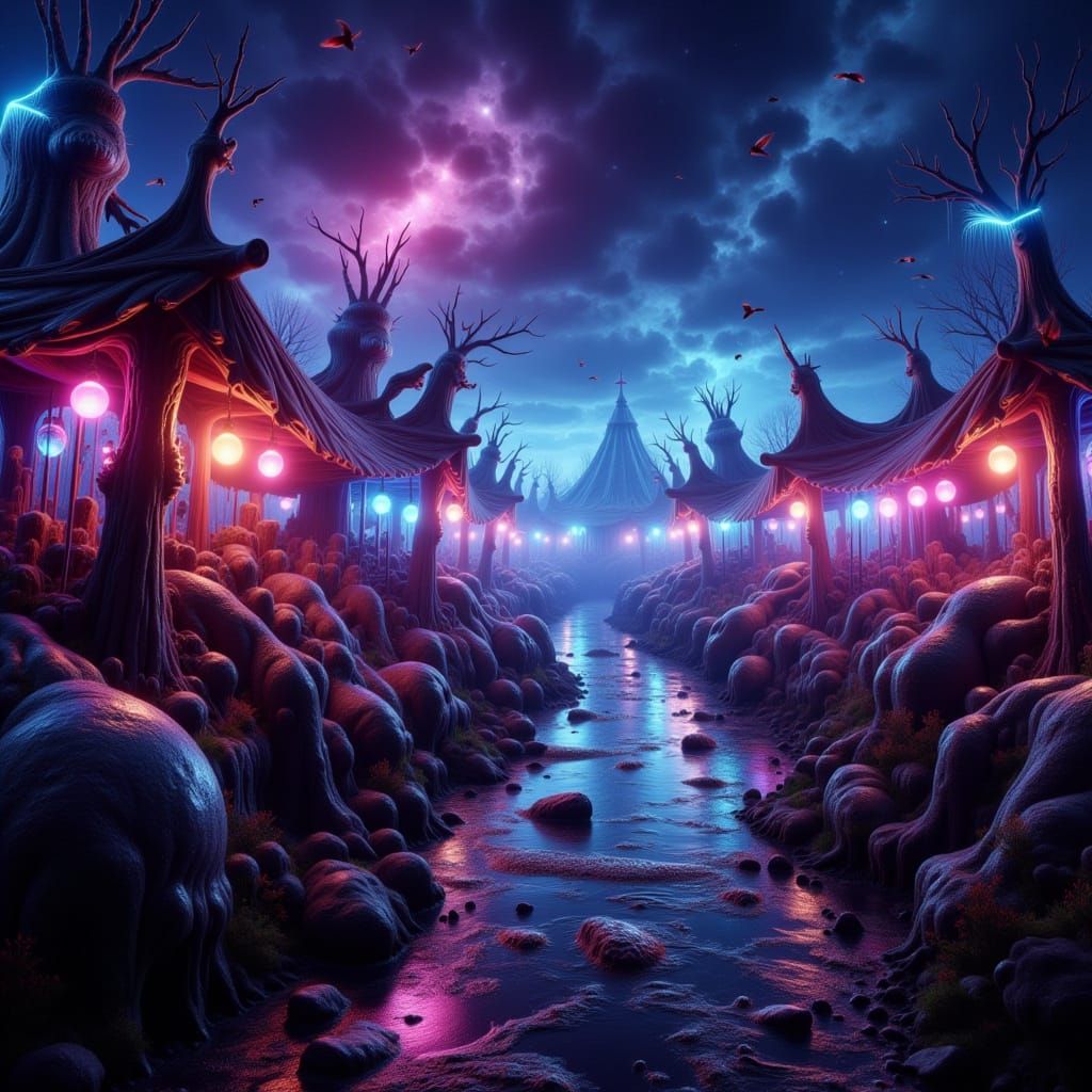 Mystical Carnival at Dusk in Neon Noir Style