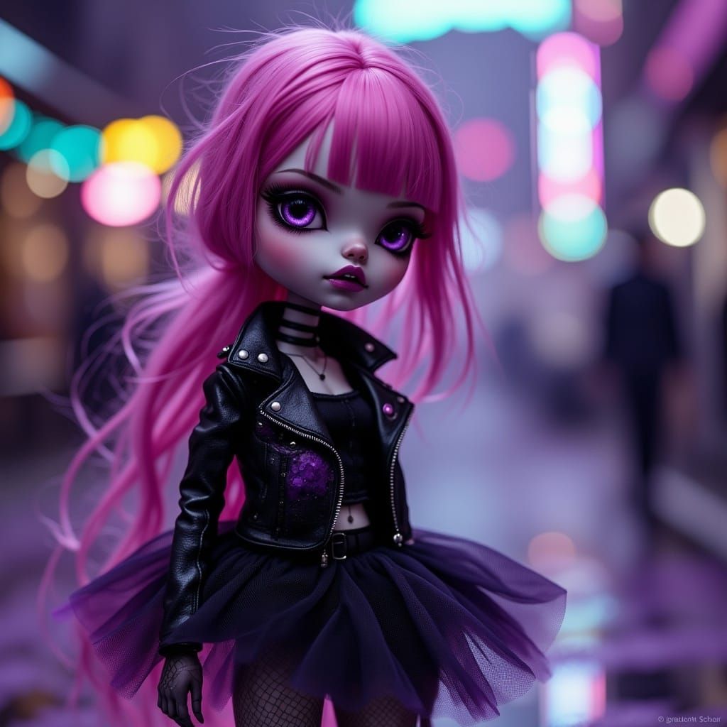 Goth Punk Blythe Doll in Urban Setting with Mischief
