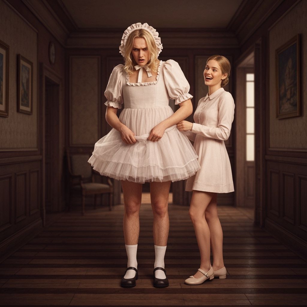 Worried Young Man in Tulle Dress and Bonnet