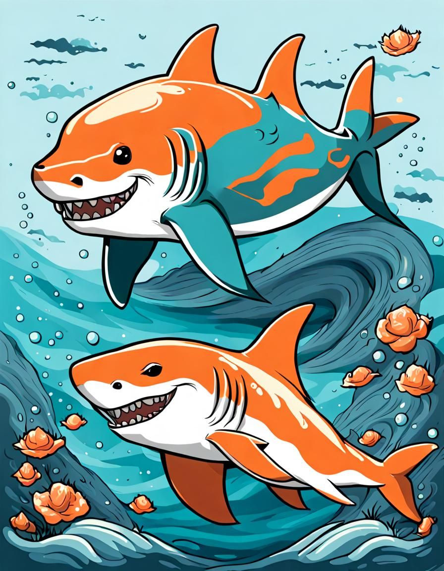 Chibi Shark Cuddles Dolphin in Ukiyo-e Style