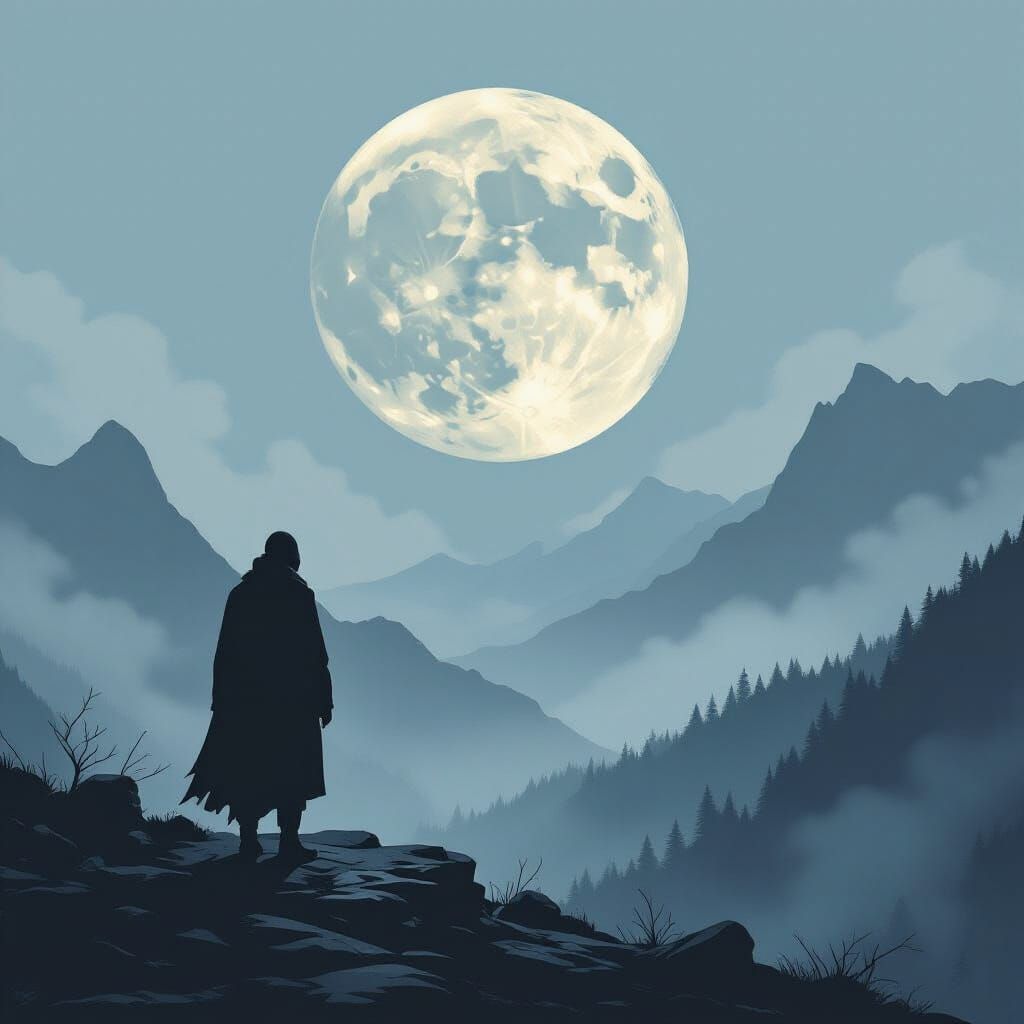 Figure Overlooking Misty Mountains Under Oversized Moon