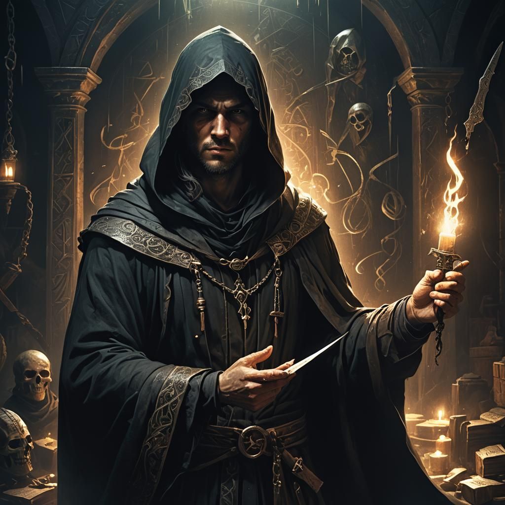 Mystical Hooded Figure with Rune Dagger: Fantasy Art