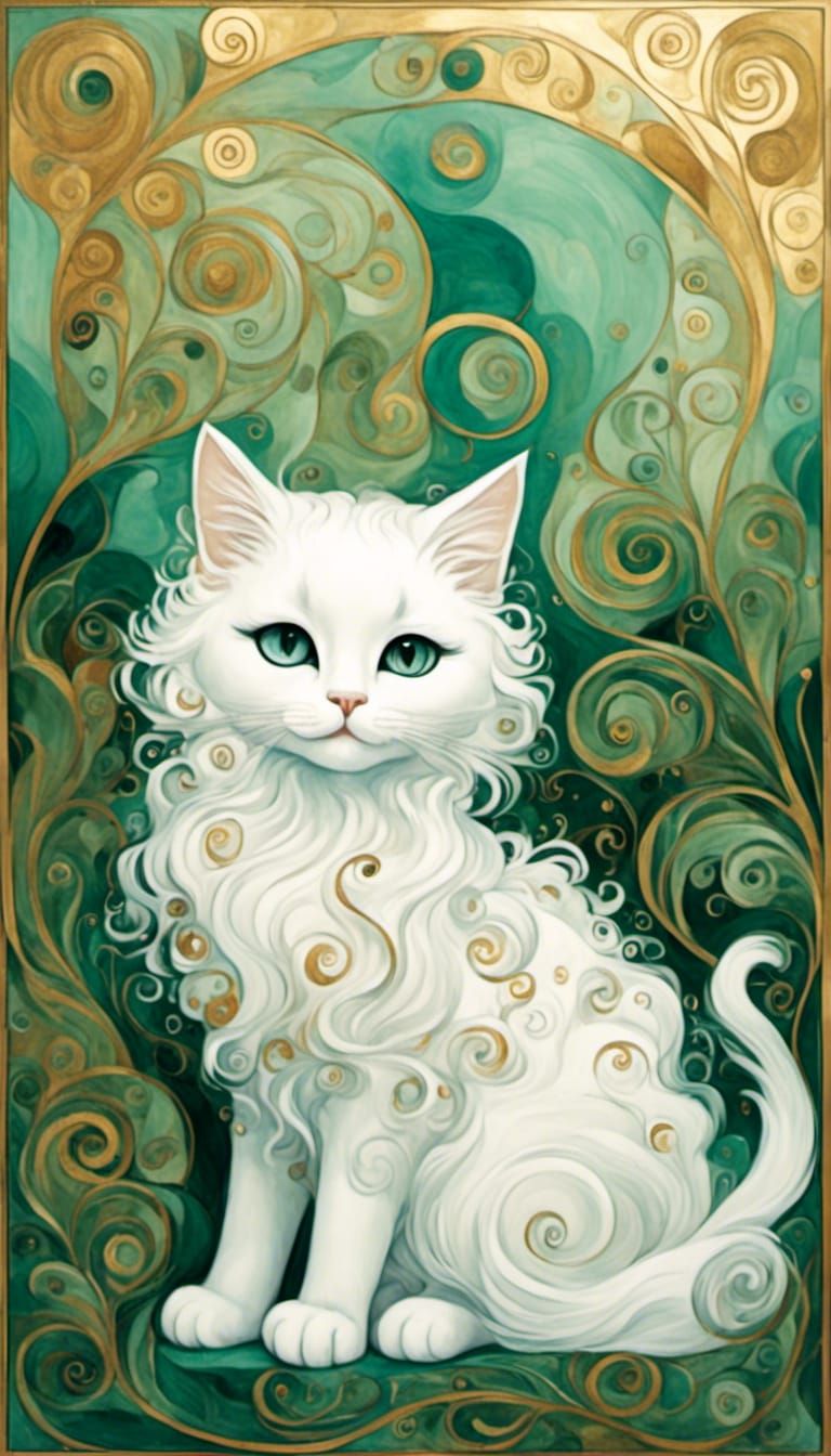 <lora:Klimt Craft:1.0> a very fluffy soft serene chibi on a white cat sitting in a garden.Golden swirl of teal ornate ba...