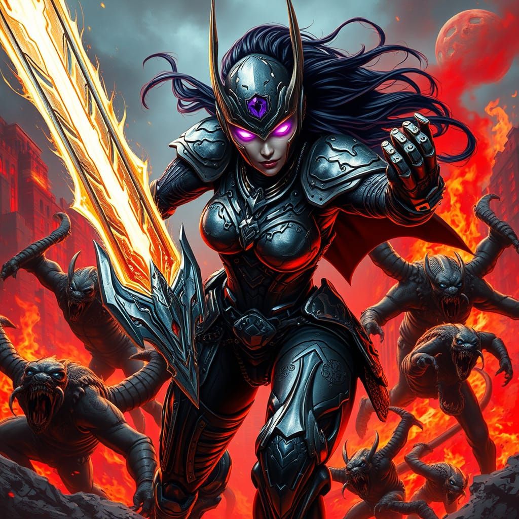 Cyberpunk Warrior with Glowing Purple Eyes and Energy Blade