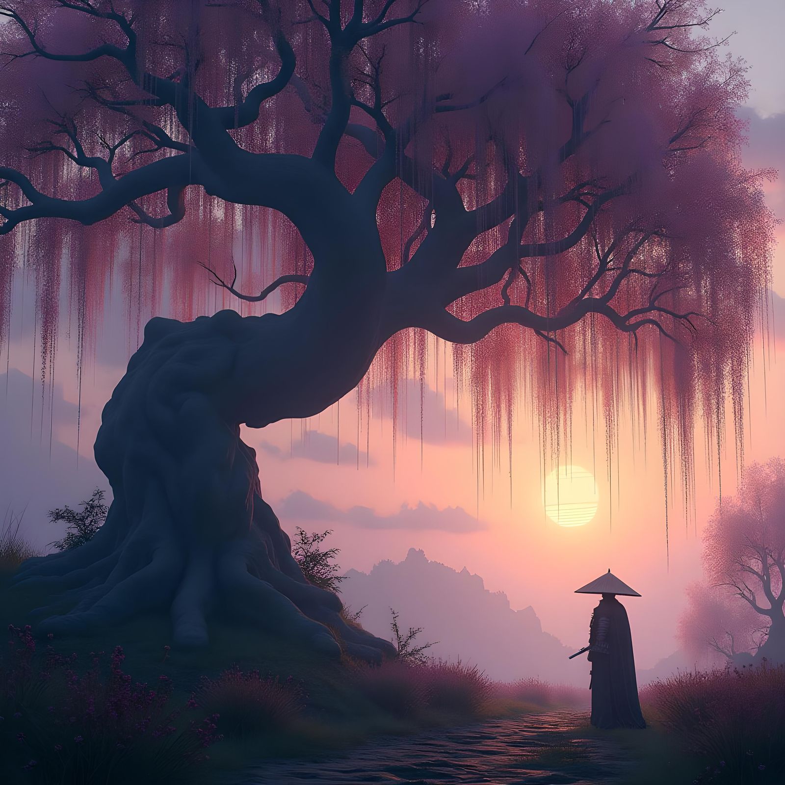 Samurai and Weeping Willow in Dark Fantasy Style
