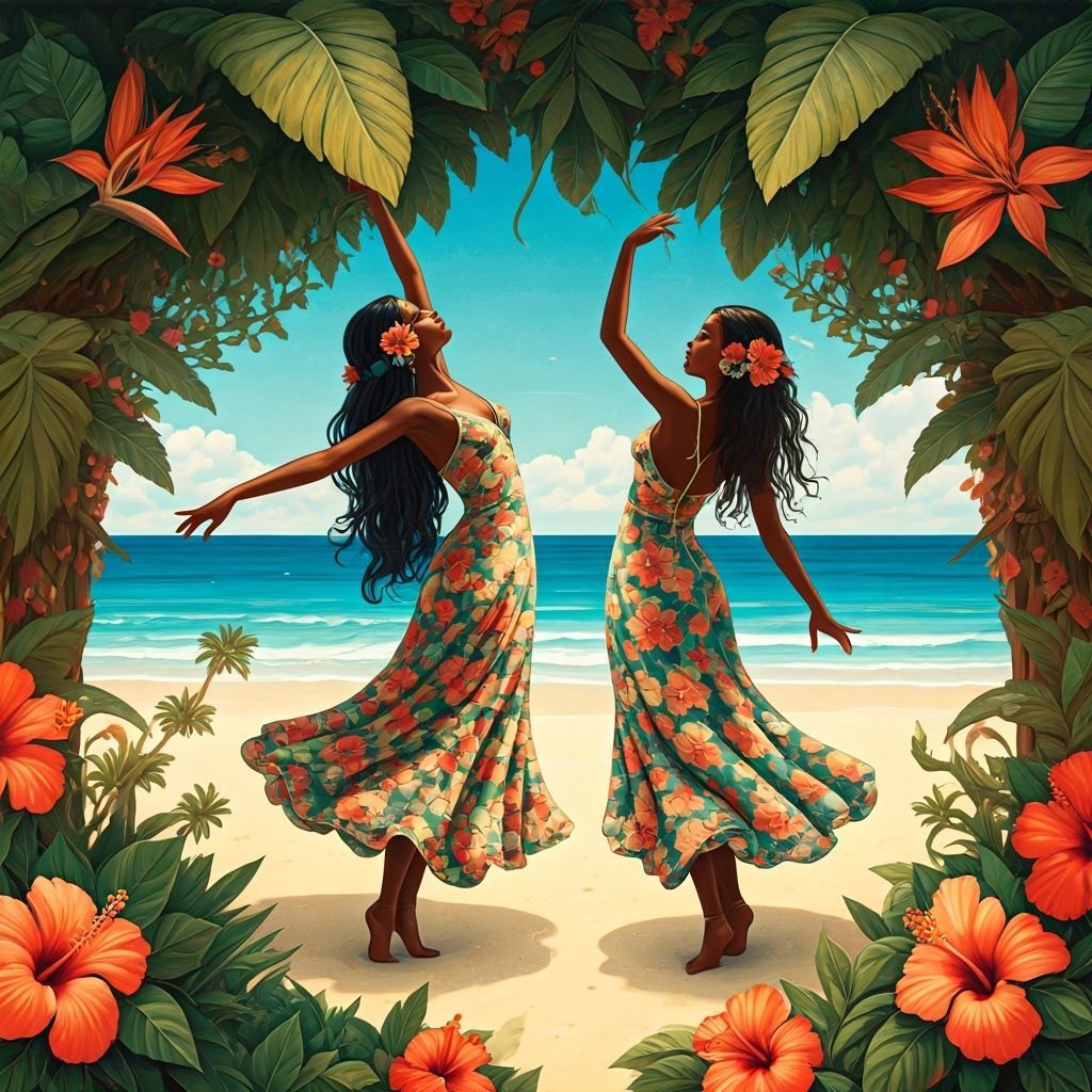 Caribbean Beach Dancing Girls in Klimt Art Nouveau Style