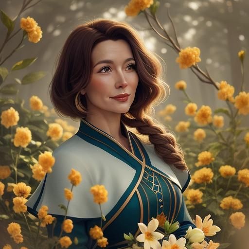 Thoughtful Woman Portrait with Flowers, Hyper-realistic