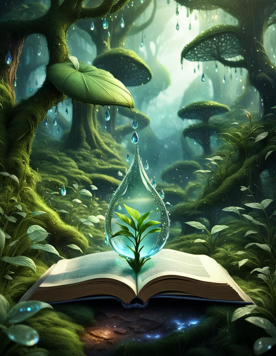 Enchanted Book with Dewdrop in Magical Forest