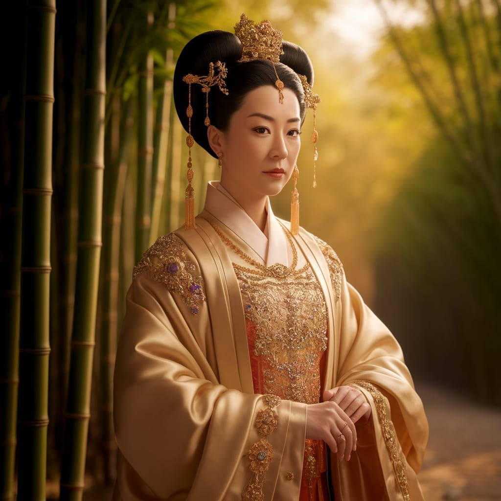 Chinese Empress in Traditional Attire against Golden Bamboo