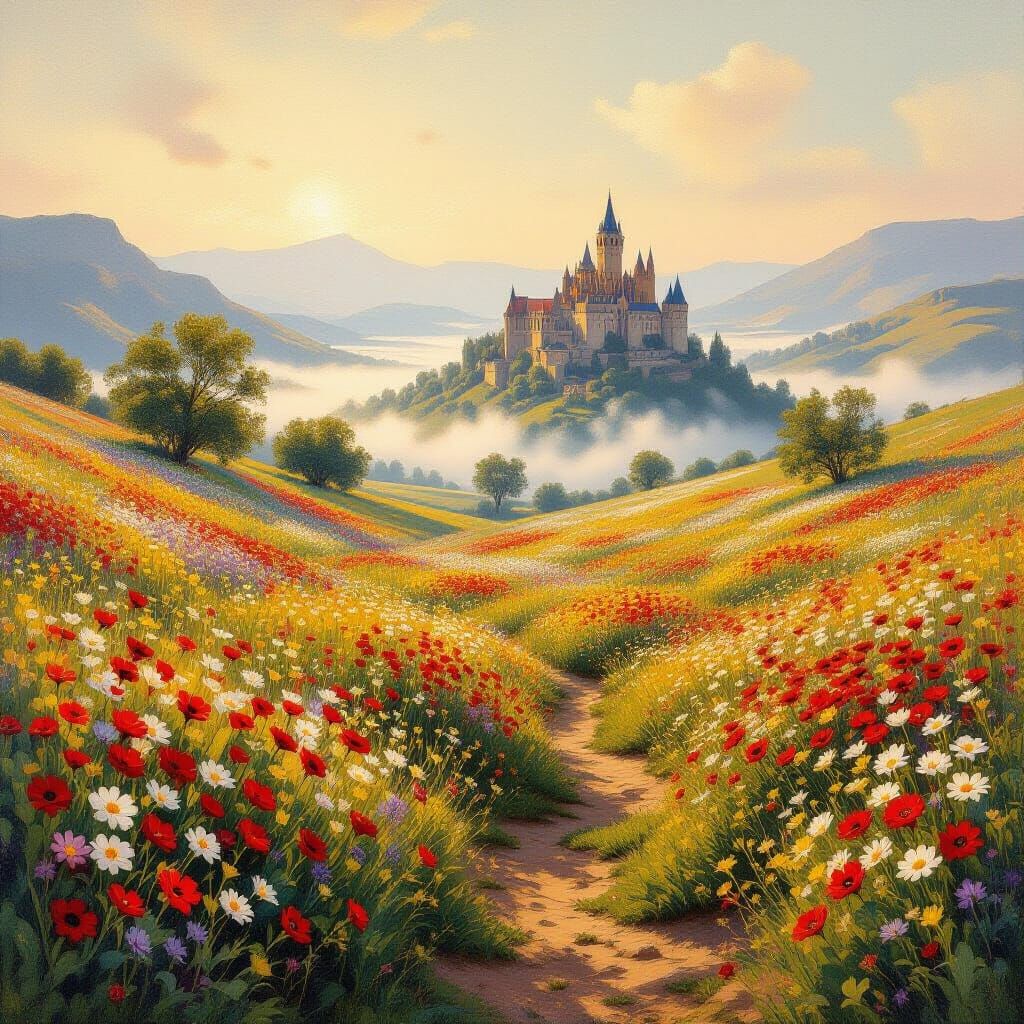 Wildflower Landscape Painting in Romantic Style