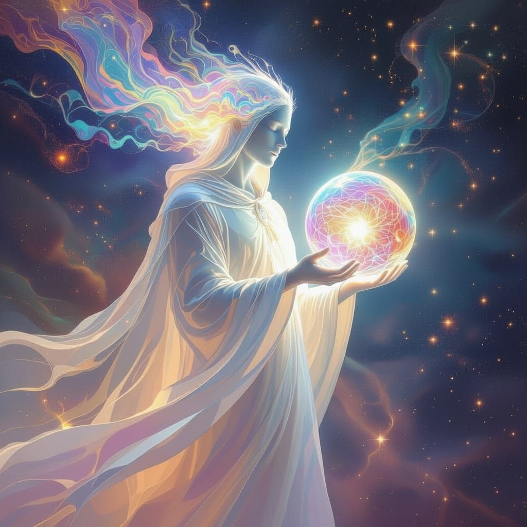 Ethereal Cosmic Figure Holding Reflecting Orb