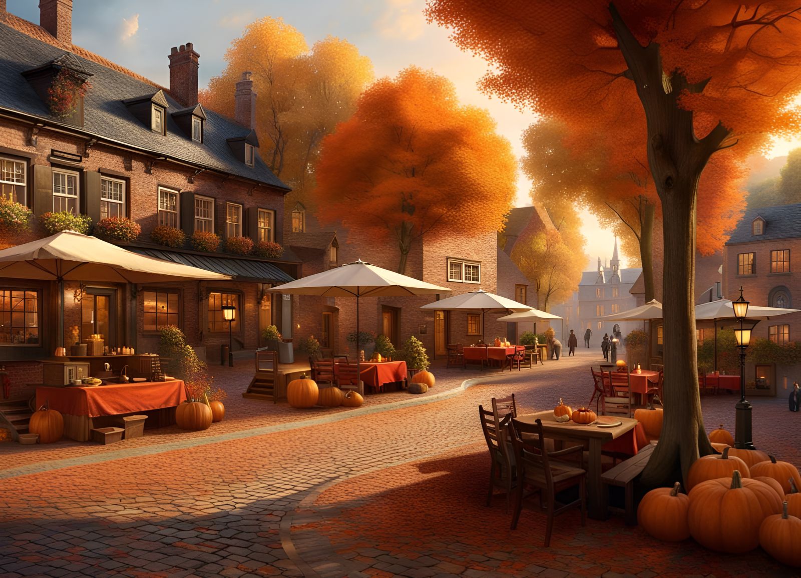 Epic Autumn Town Square Landscape Painting
