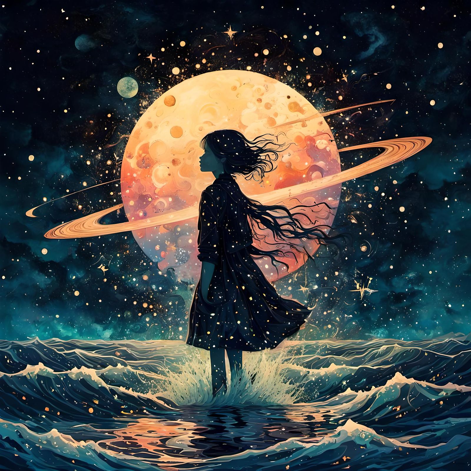 Ocean Starry Night Double Exposure Anime Art