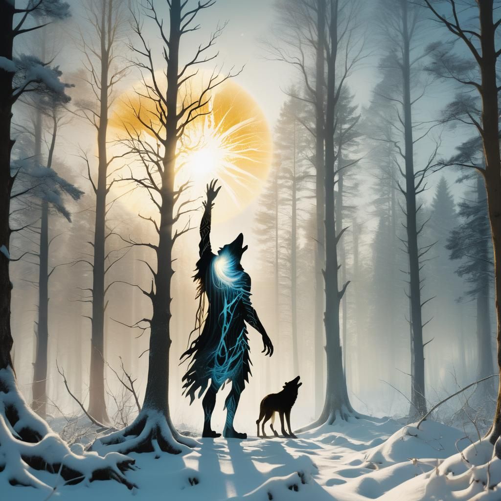 Norse Mythological Scene with Wolf Devouring Sun