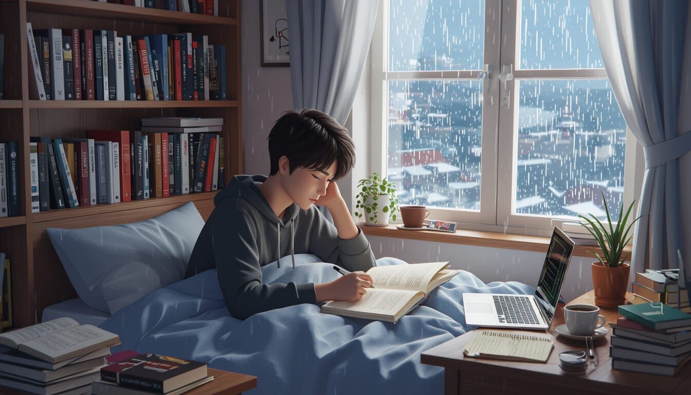 Cozy Muslim Man Studies in Bed Amidst Rain