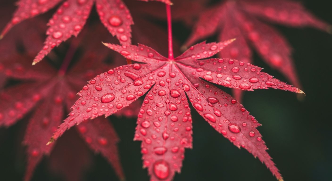 Vibrant Red Maple Leaves with Dew Drops