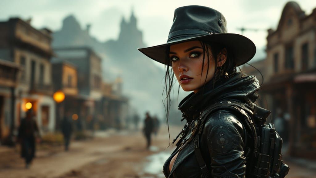 Cyberpunk Girl in Old West Town: Photorealistic Cinematic Im...