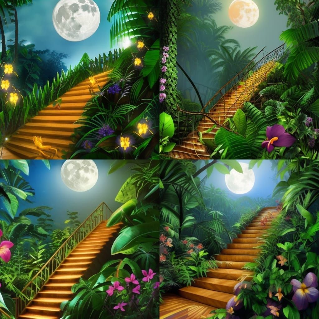 Luminous Moon Over Jungle Stairs: Hyperrealistic Digital Art