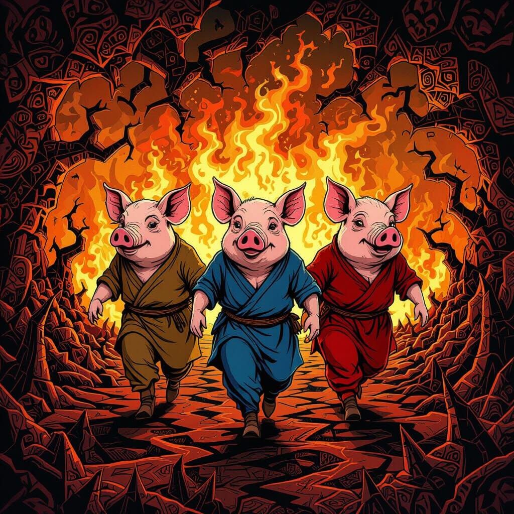Three Pigs Navigate a Fiery Fractal Hellscape