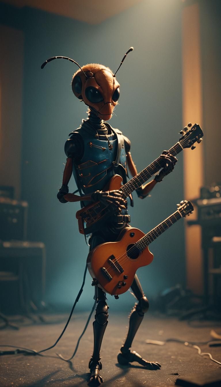 Ant Plays Guitar in Smoky, Cinematic Setting