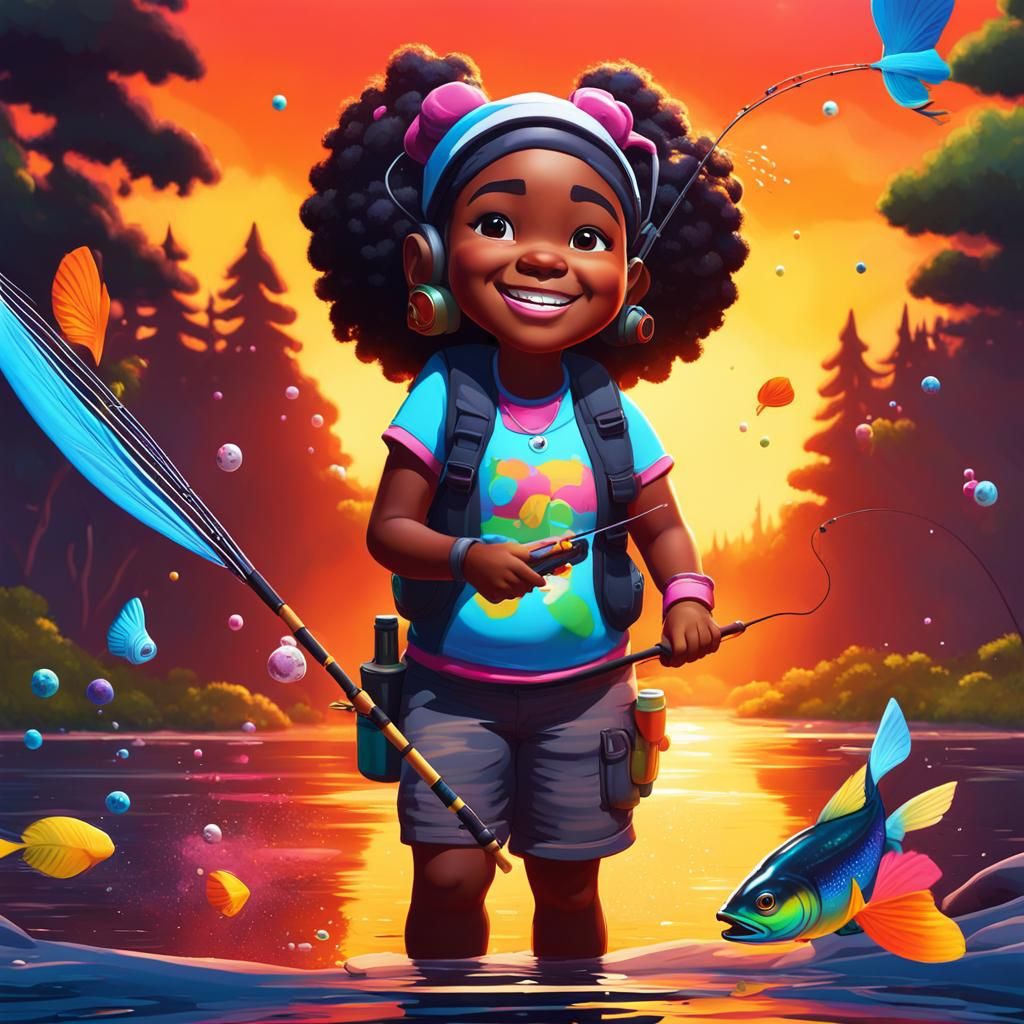 Smiling Girl Fly Fishing: Graffiti Art Style