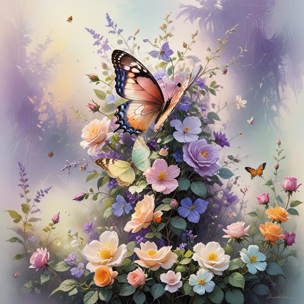 Butterfly on Rose Petal in Spring Garden