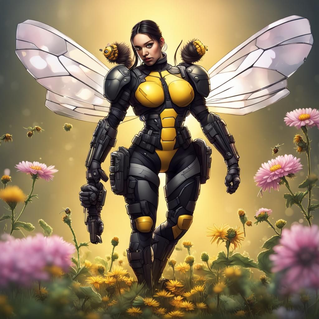 Futuristic Bee Warrior Woman in Chibi Pixar Style