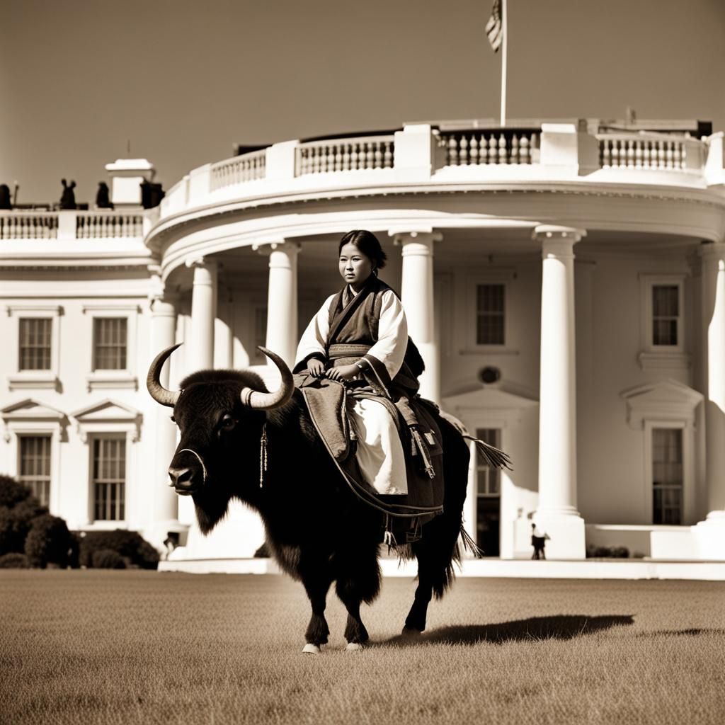 Tibetan Woman Rides Yak at White House: 1900s Photo