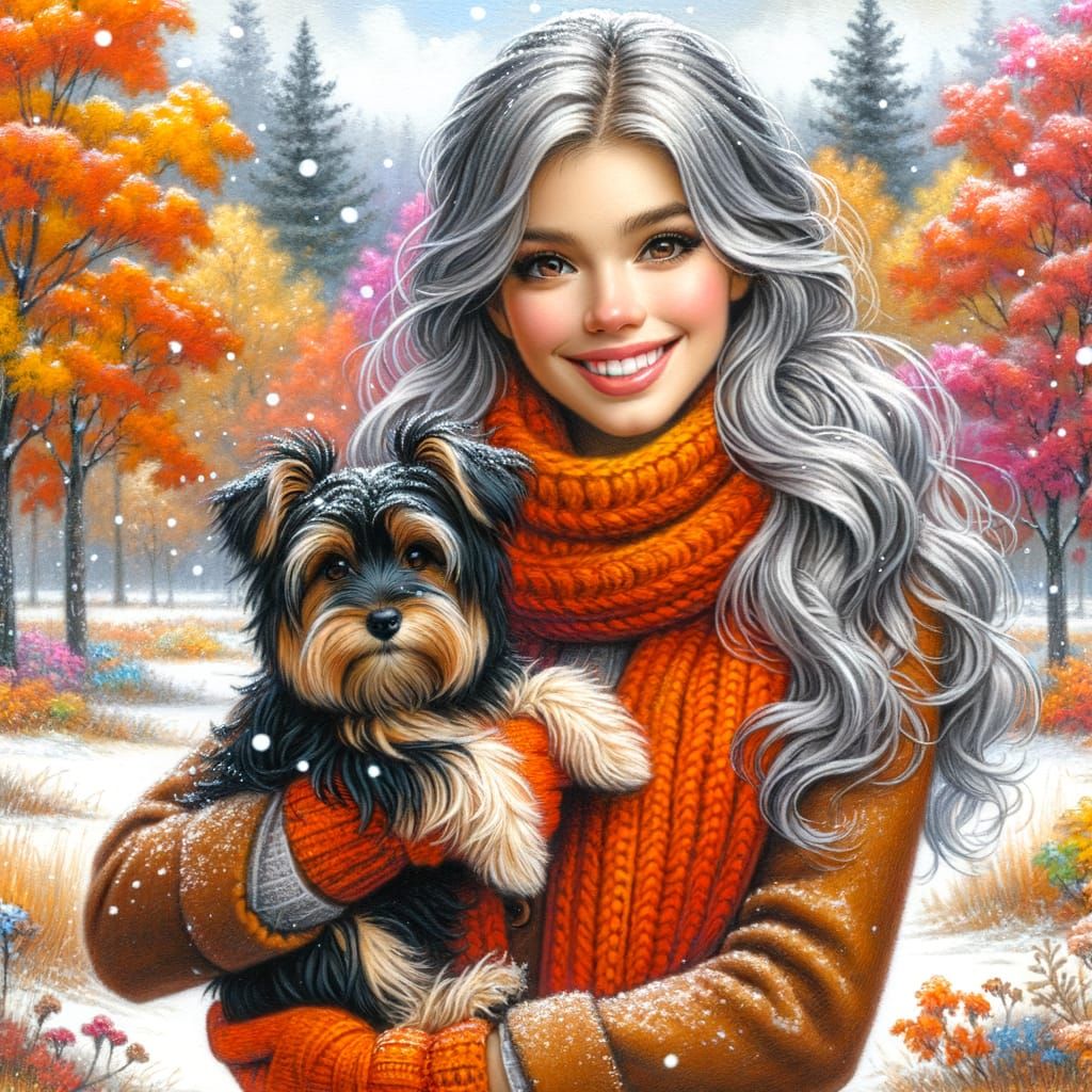 A young woman with long, gray hair, wearing a cozy orange scarf and gloves, smiles happily as she holds a small dog.