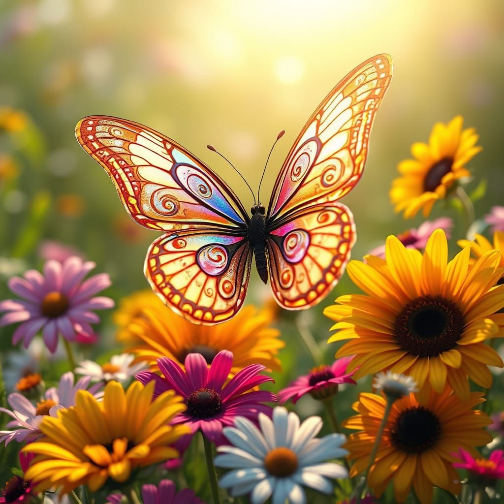 Ethereal Holographic Butterfly in Vibrant Summer Bloom
