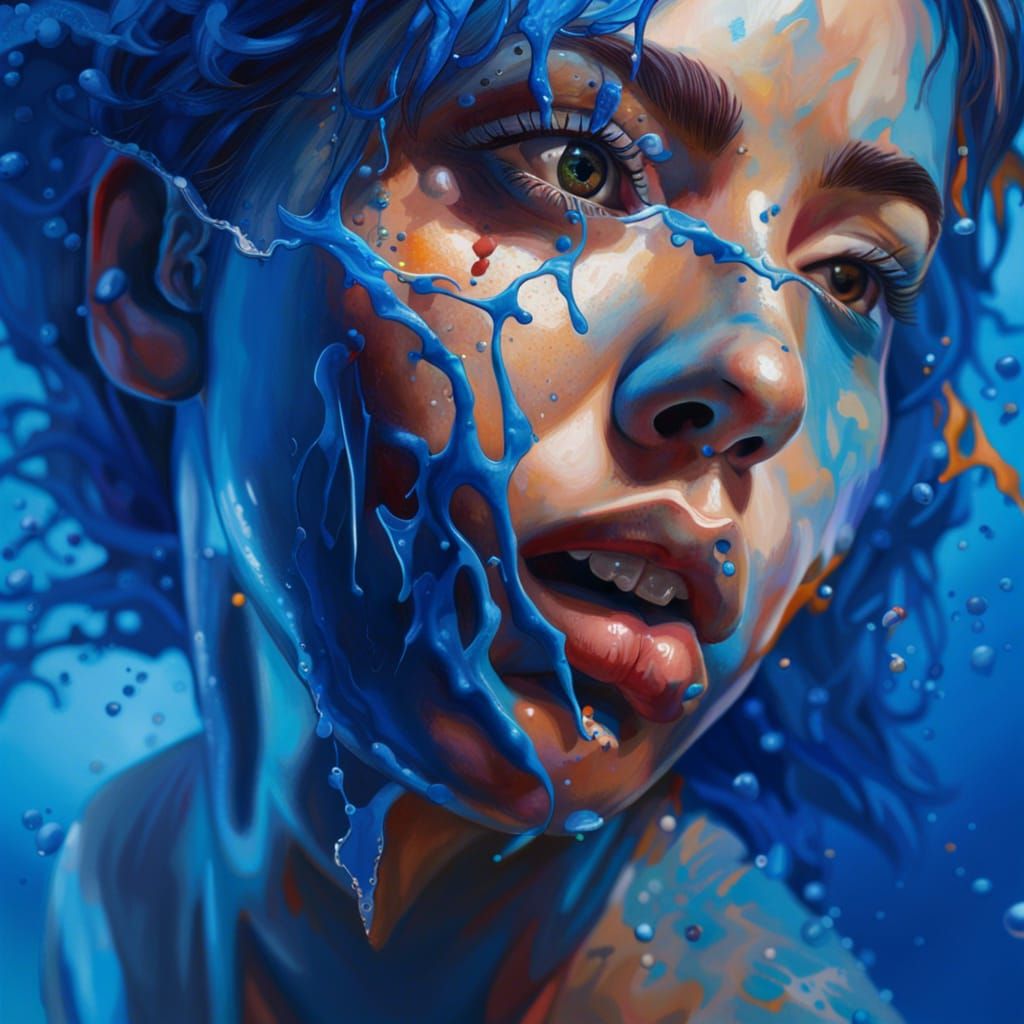 Hyperrealistic Face in Blue Light, Splash Art