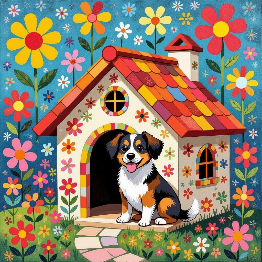 Whimsical Dog House with Flowers in Pop Surrealist Style