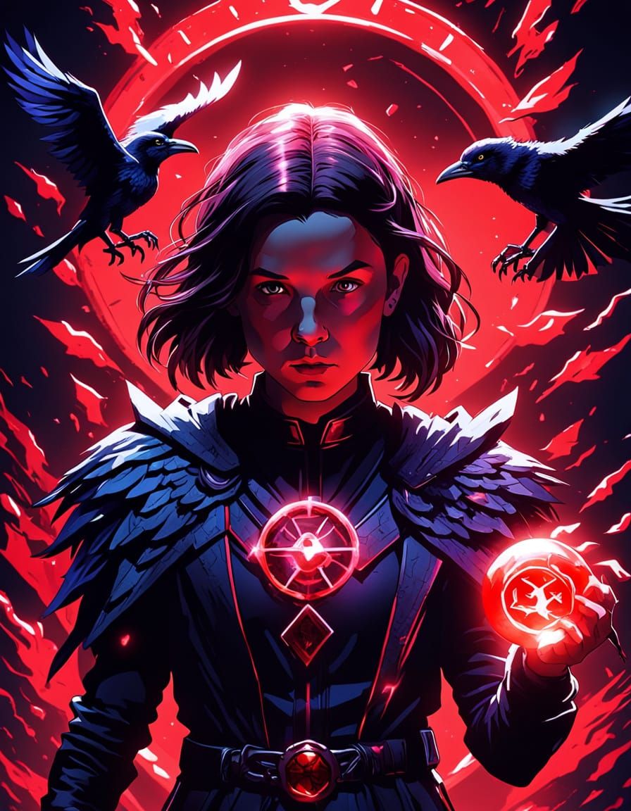 Mystical Superheroine Raven with Red Gemstone, Comic Book Ar...