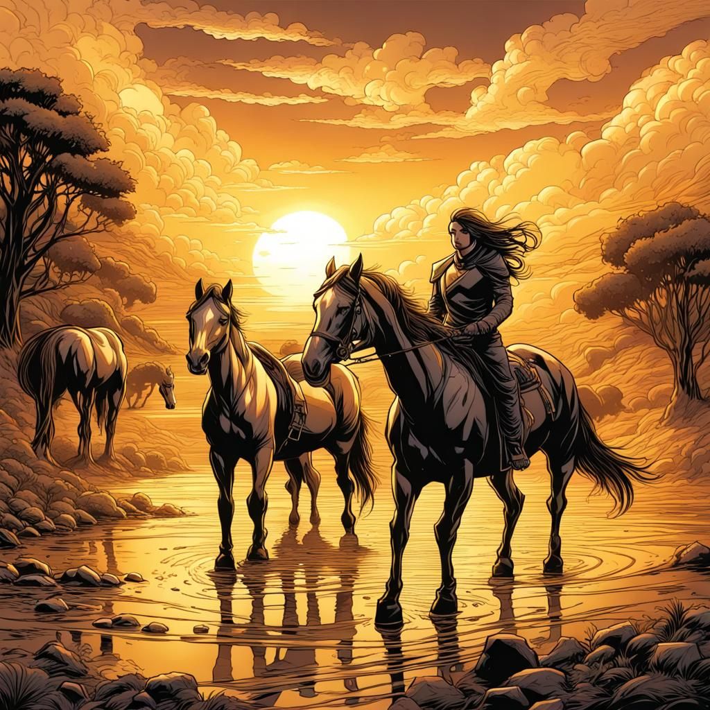 Golden Sunset Horses in Comic Book Art