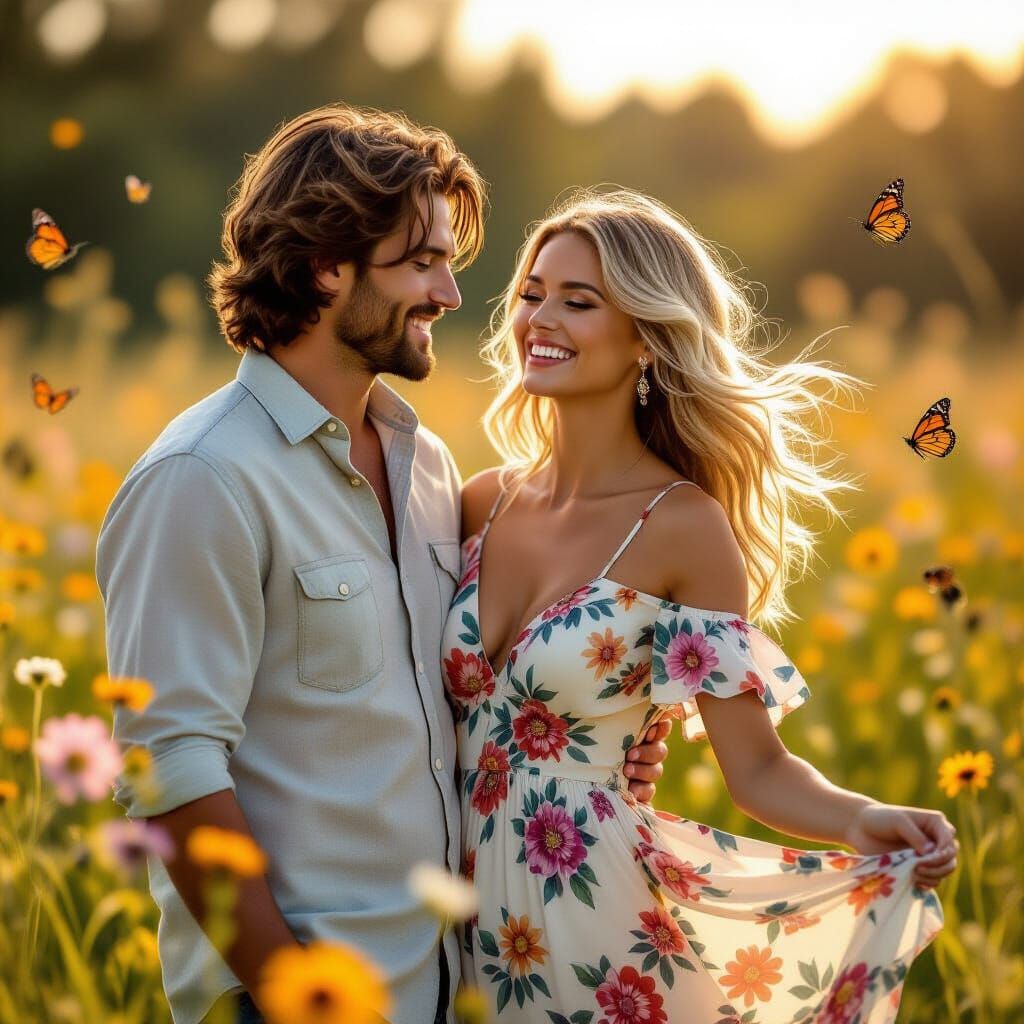 Couple in Wildflower Field, Golden Hour