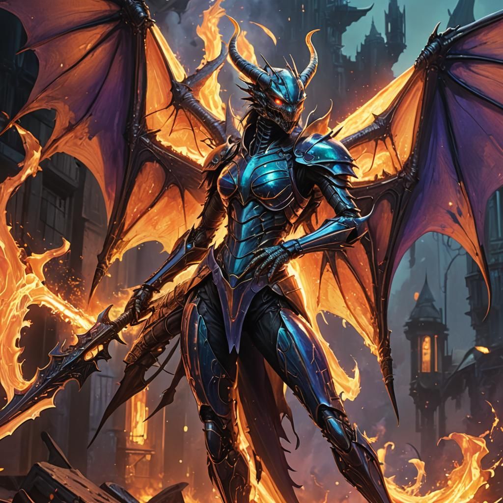 Dragon Insect Hybrid Warrior with Fire, in Art Brut Style