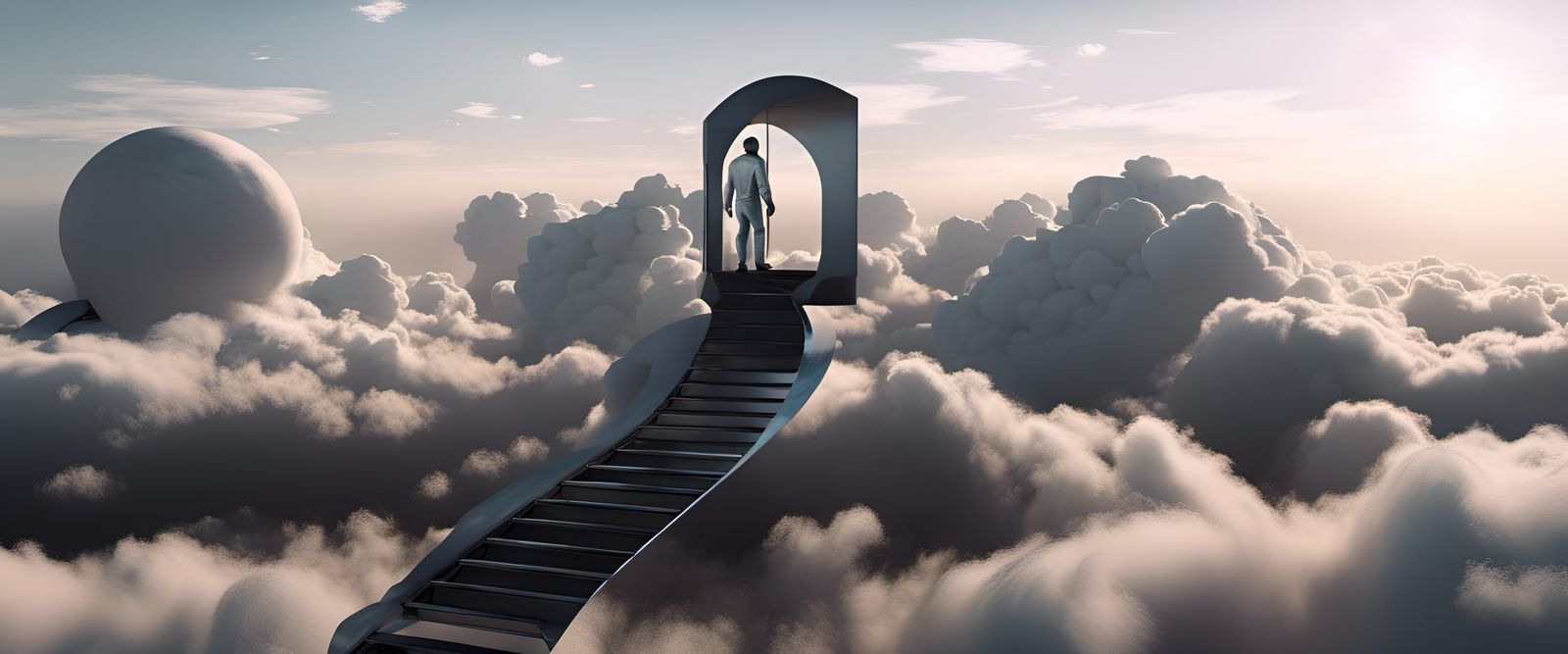 Giant World Walker on Metal Arch, Surreal 3D Art