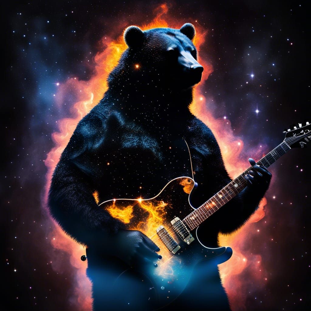Bear Silhouette Double Exposure Guitar and Nebula