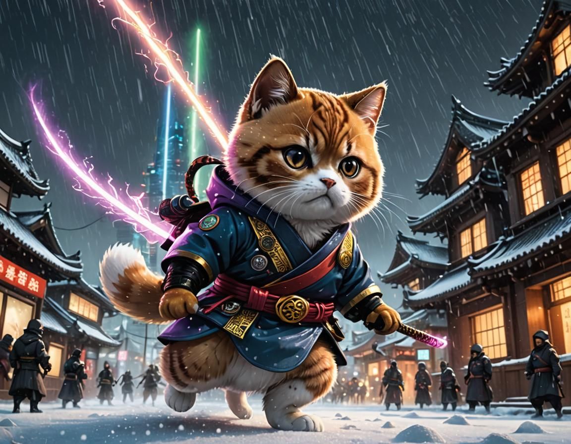 Cyberpunk Kitty Sumo Ninja vs Samurai Dog