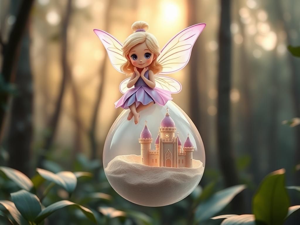 Fairy on Dewdrop with Castle, Digital Art